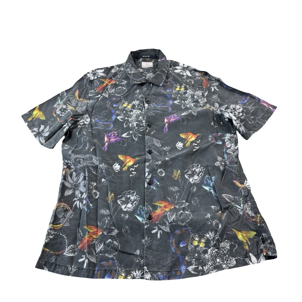 Ksubi Black Multicolor Bird AOP Tencel Mens SS Button Front Shirt Size M